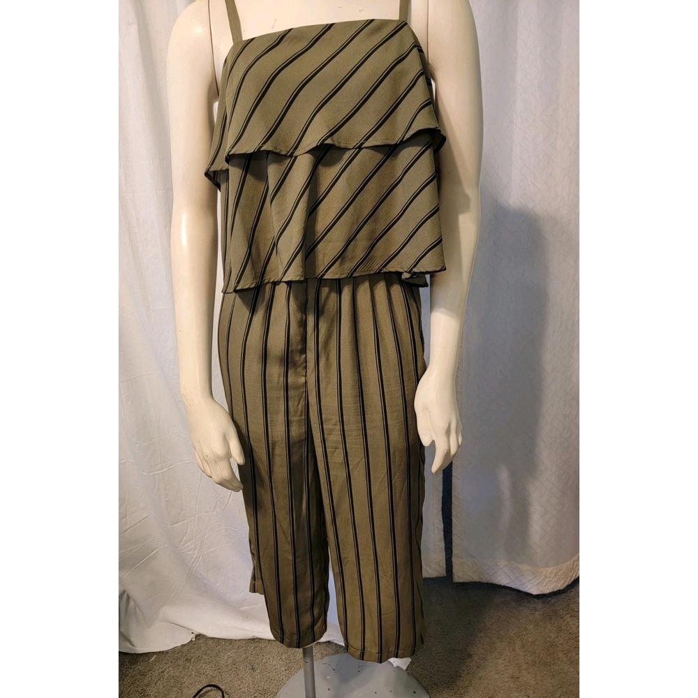 Melloday Anthropologie Olive Green Striped Capri Length Jumpsuit Sz S